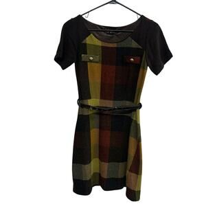Retro Fall Plaid Dress Yumi Mod Colorblock Belted Mini Size S